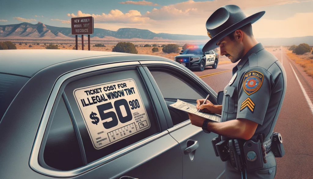 Photo of a New Mexico police officer writing a ticket next to a car