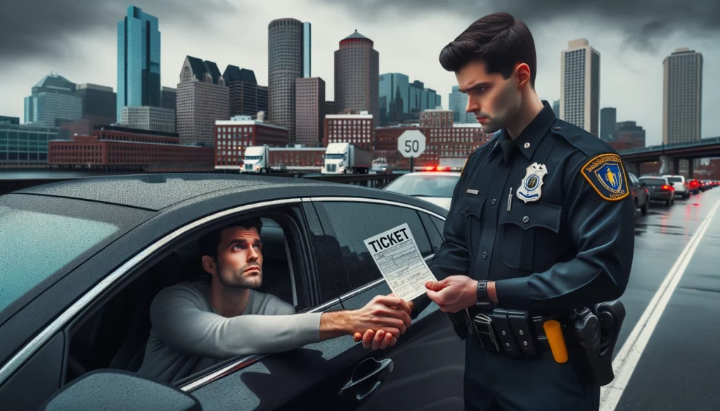 Massachusetts police officer handing a ticket