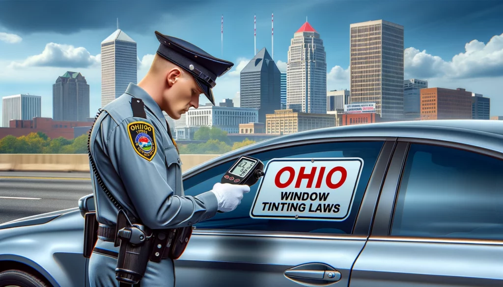 Photo of a highway patrol officer in Ohio using a tint meter device on a car's window.