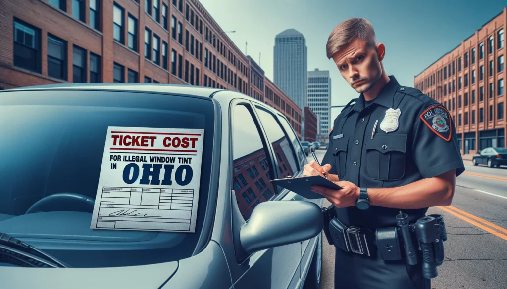 Photo of an Ohio traffic police officer writing a ticket beside a car with overly tinted windows.