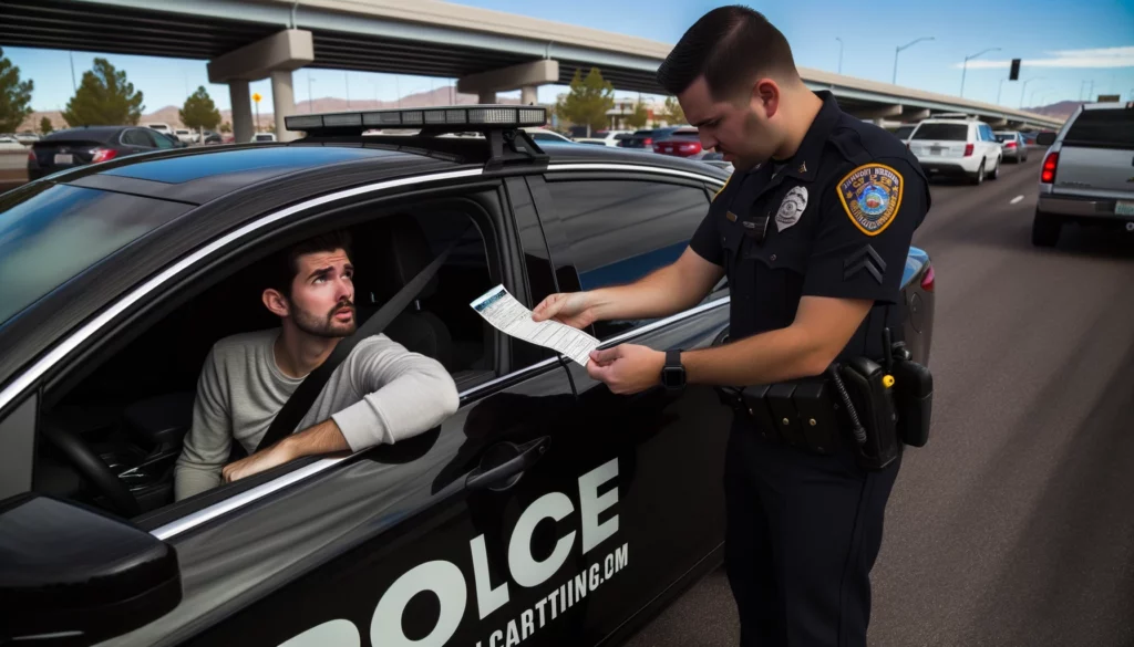A police officer in Nevada handing a ticket to a driver