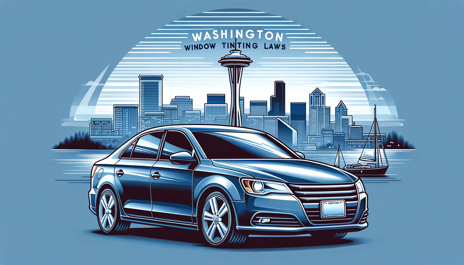 Illustration of a car with tinted windows against Seattle skyline at dusk